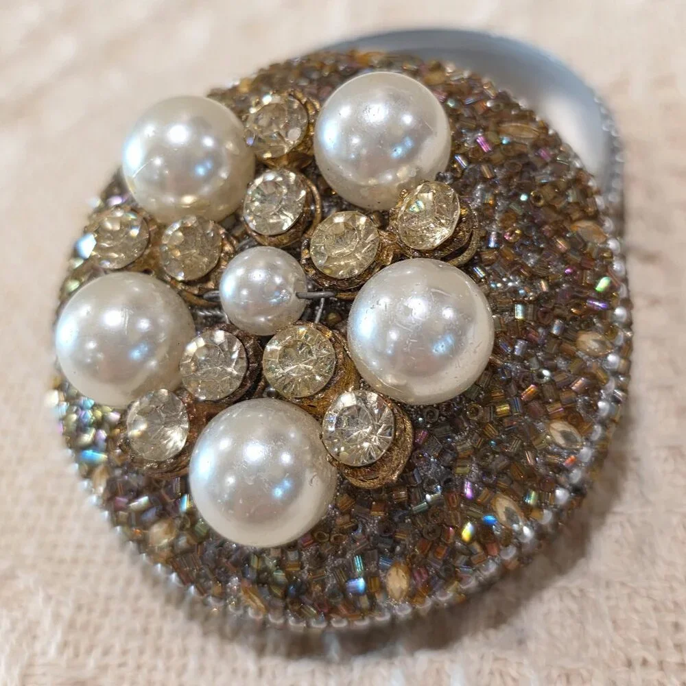 Vintage Silver Bead Pearl & Rhinestone Encrusted Metal Trinket Gift Vanity Box